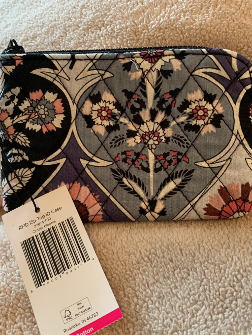 Vera Bradley RFID Zip Top ID Case Wristlet Wallet actual Ornate Blooms Purple